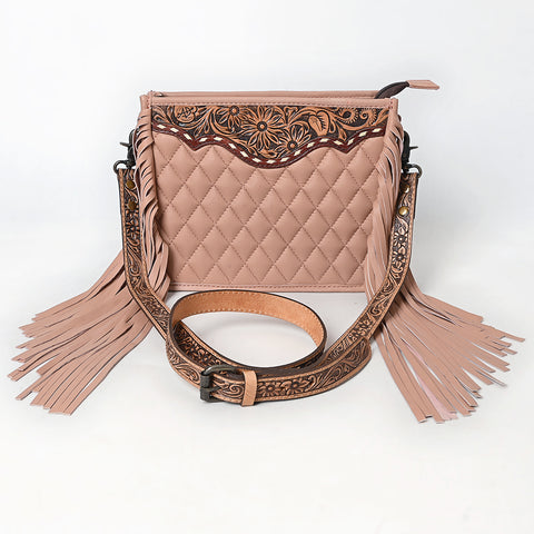 American Darling Quilted Genuine Leather Crossbody Bag with Hand-Tooled Details and Fringes