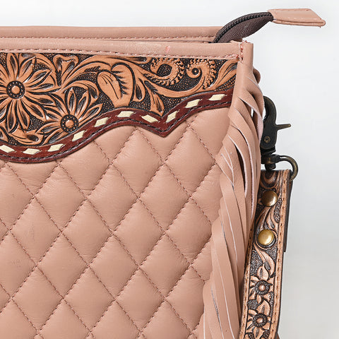 American Darling Quilted Genuine Leather Crossbody Bag with Hand-Tooled Details and Fringes