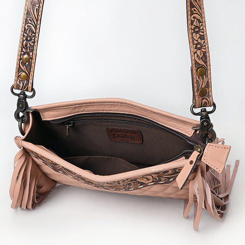American Darling Quilted Genuine Leather Crossbody Bag with Hand-Tooled Details and Fringes