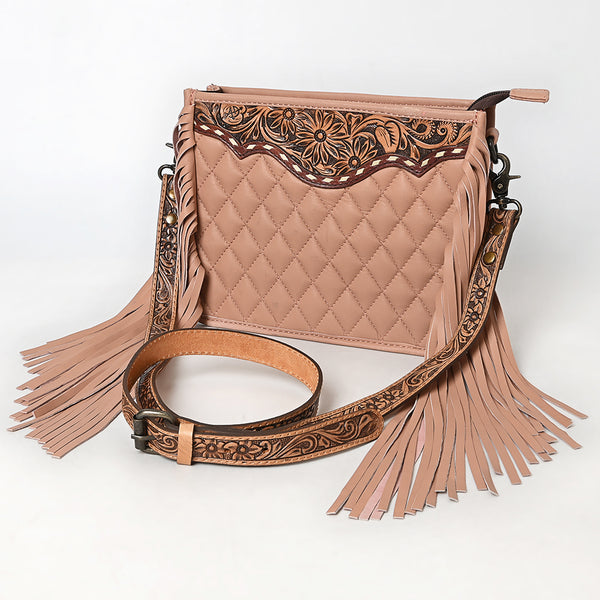 American Darling Quilted Genuine Leather Crossbody Bag with Hand-Tooled Details and Fringes