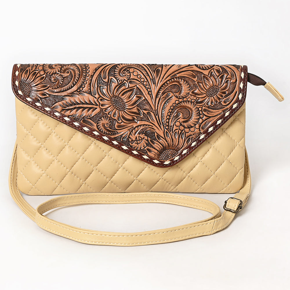 ADBG1672A Tooled Leather Tan Quilted Crossbody Wallet with Sunflower Flap - American Darling