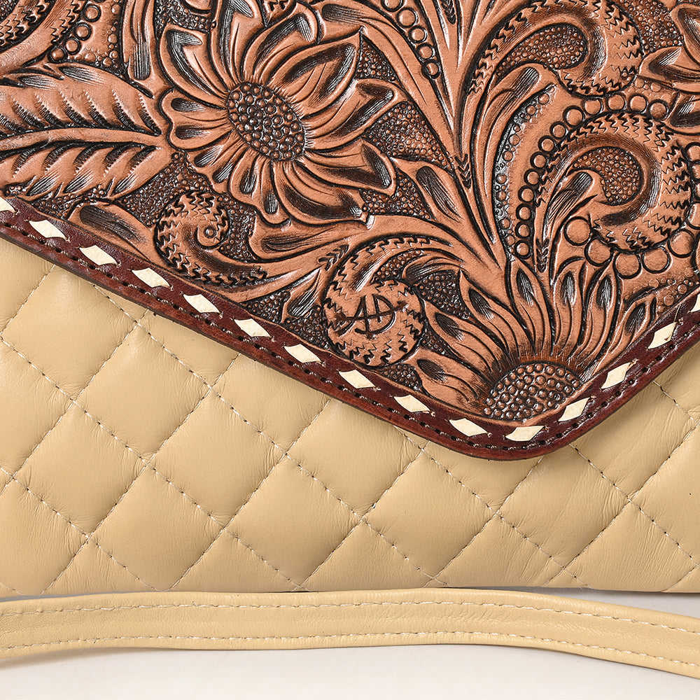 ADBG1672A Tooled Leather Tan Quilted Crossbody Wallet with Sunflower Flap - American Darling