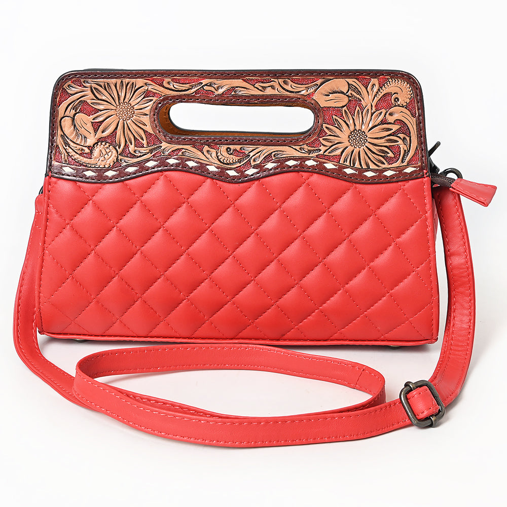 ADBG1677A Red Quilted Leather Cut-Out Clutch Bag with Tooled Floral Top - American Darling