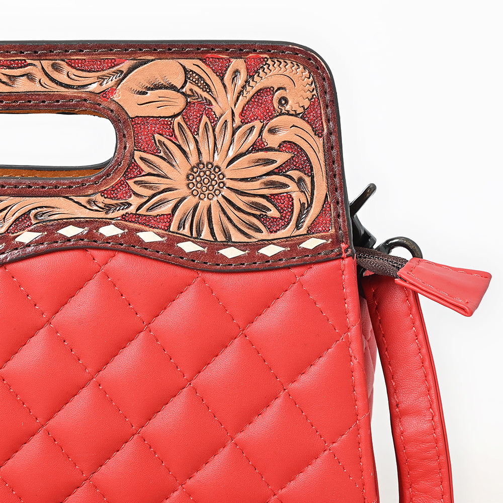 ADBG1677A Red Quilted Leather Cut-Out Clutch Bag with Tooled Floral Top - American Darling