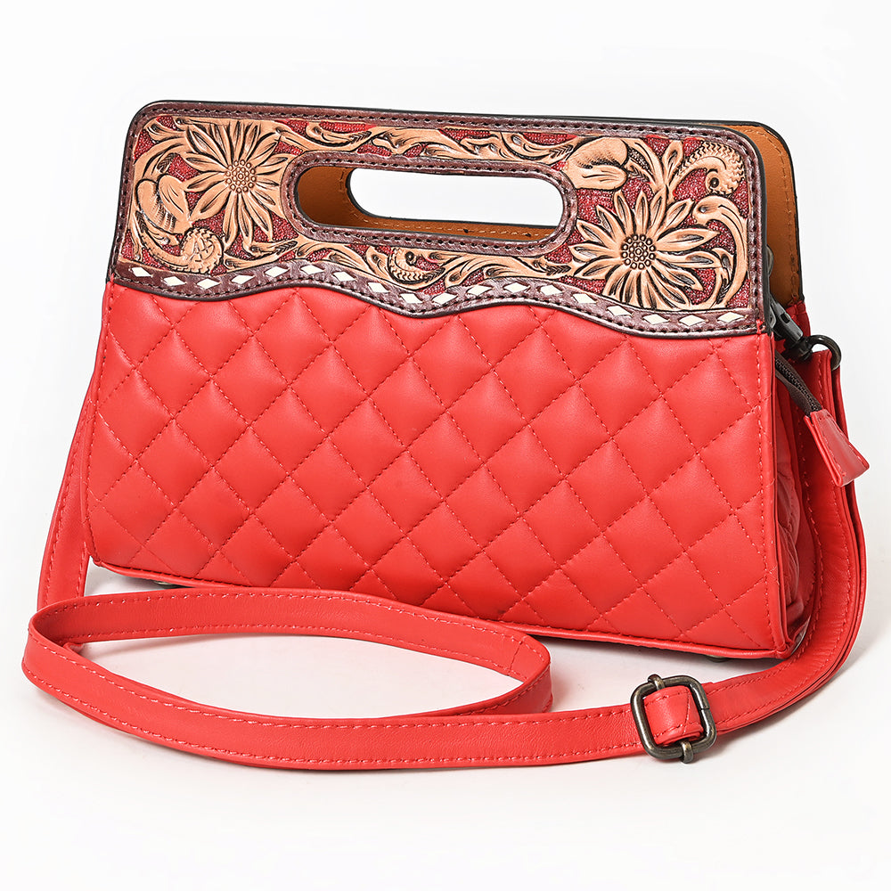 ADBG1677A Red Quilted Leather Cut-Out Clutch Bag with Tooled Floral Top - American Darling