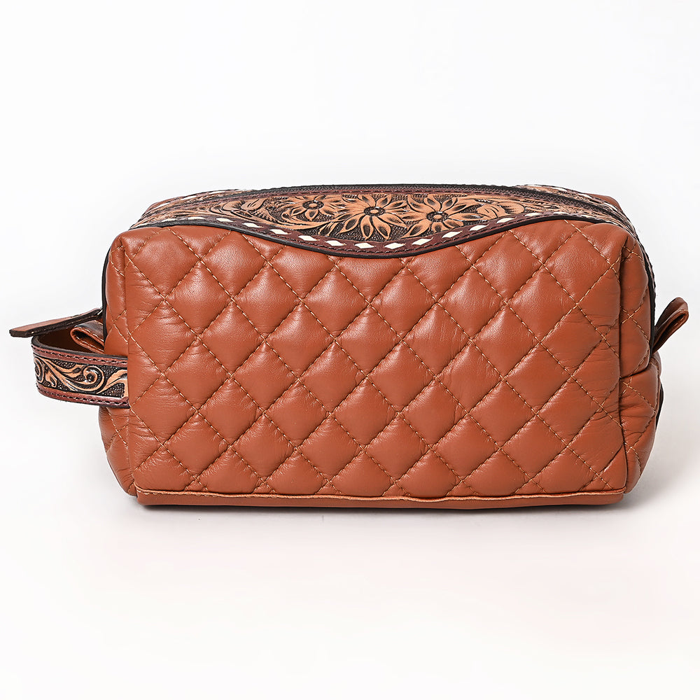 ADBG1675A Quilted Leather Dopp Kit with Tooled Floral Accents - Brown Travel Pouch by American Darling