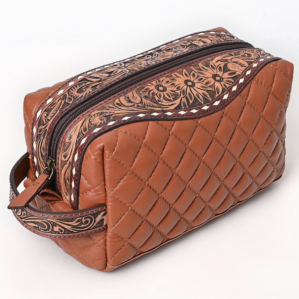 ADBG1675A Quilted Leather Dopp Kit with Tooled Floral Accents - Brown Travel Pouch by American Darling
