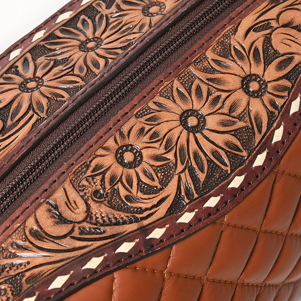 ADBG1675A Quilted Leather Dopp Kit with Tooled Floral Accents - Brown Travel Pouch by American Darling