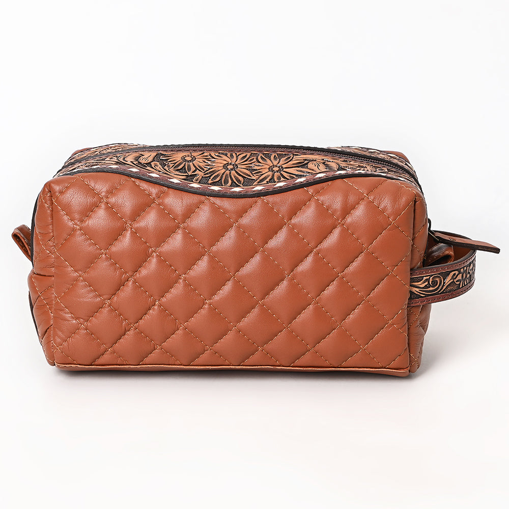 ADBG1675A Quilted Leather Dopp Kit with Tooled Floral Accents - Brown Travel Pouch by American Darling