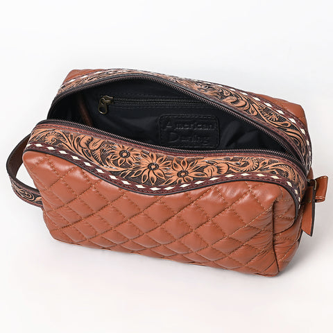 American Darling Western Toiletry Bag with Hand Tooled Floral Carving and Quilted Leather