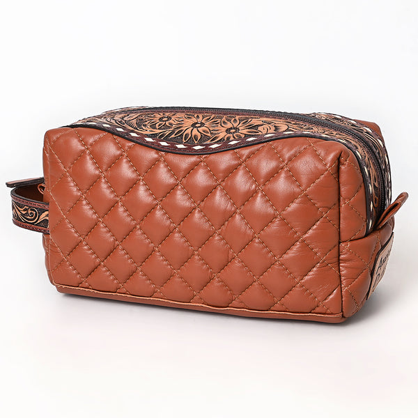 ADBG1675A Quilted Leather Dopp Kit with Tooled Floral Accents - Brown Travel Pouch by American Darling