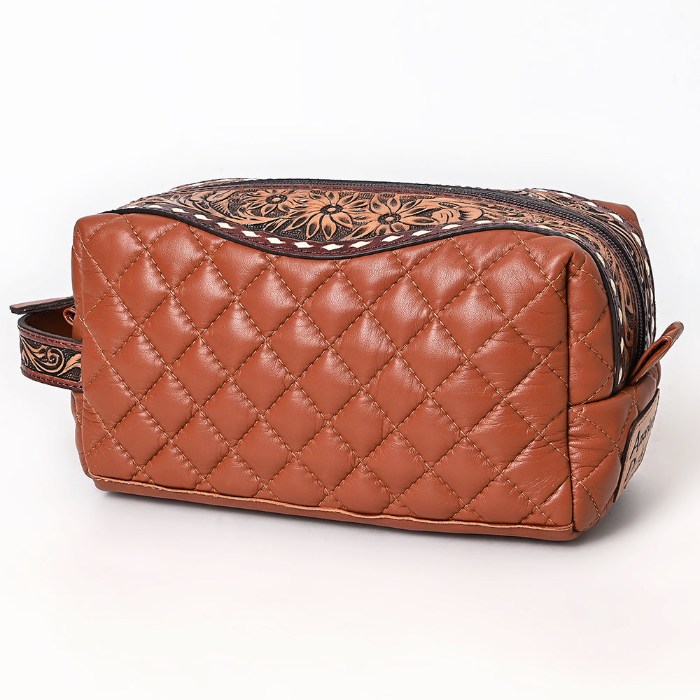 ADBG1675A Quilted Leather Dopp Kit with Tooled Floral Accents - Brown Travel Pouch by American Darling