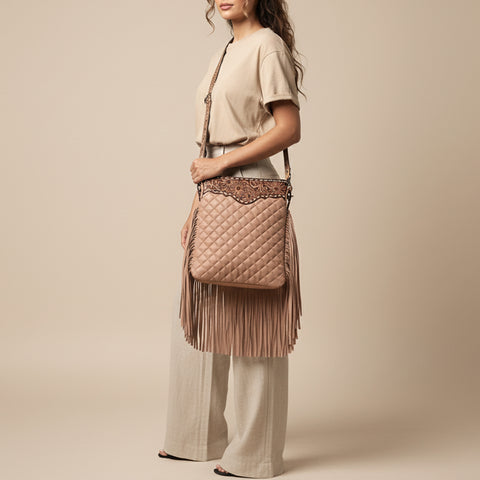 American Darling Large Quilted Crossbody | Hand-Tooled Leather Fringe Bag