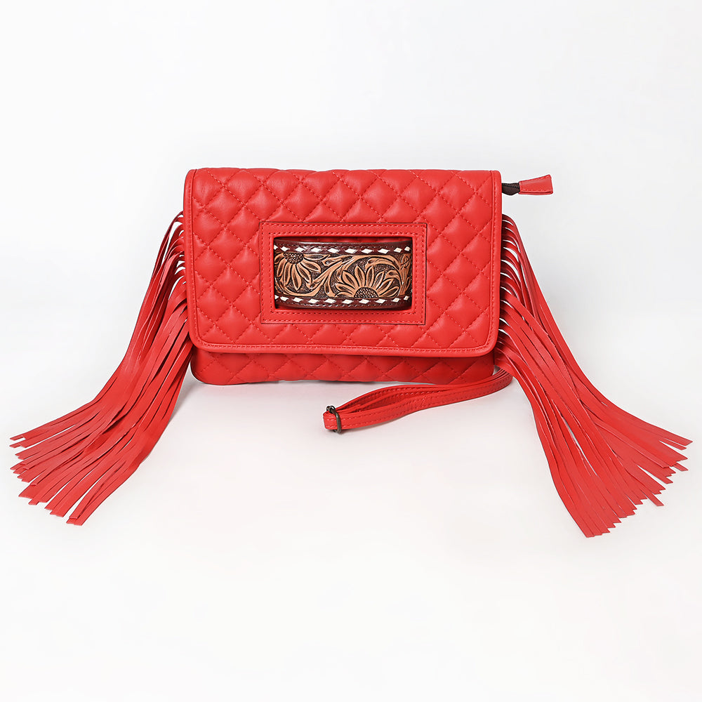 ADBG1665A Red Quilted Wallet Bag with Tooled Leather Patch & Fringe