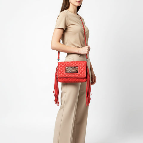 American Darling Quilted Genuine Leather Crossbody Bag with Fringe and Hand-Tooled Panel
