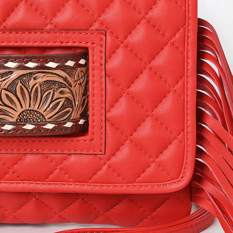 American Darling Quilted Genuine Leather Crossbody Bag with Fringe and Hand-Tooled Panel