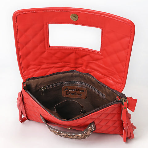 American Darling Quilted Genuine Leather Crossbody Bag with Fringe and Hand-Tooled Panel