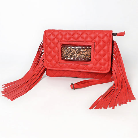 American Darling Quilted Genuine Leather Crossbody Bag with Fringe and Hand-Tooled Panel