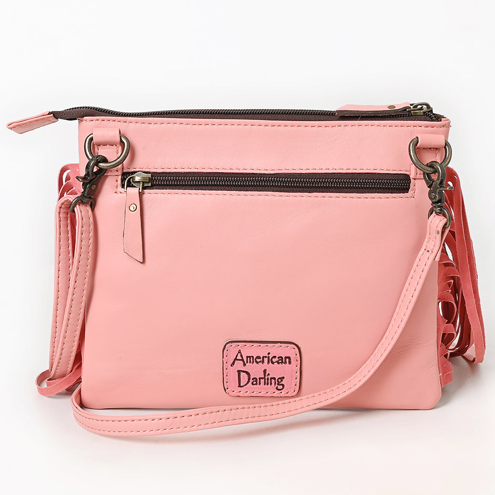 ADBG1683A Pink Quilted Leather Fringe Crossbody Bag with Tooled Floral Top - American Darling