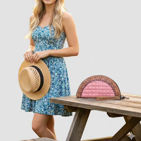 American Darling Western Leather Taco Bag with Hand-Tooled Details and Quilted Design