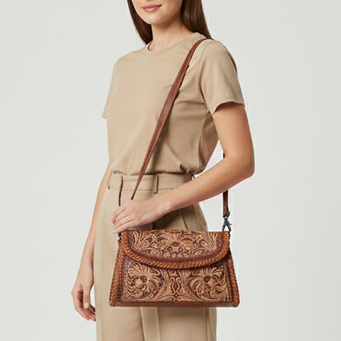 American Darling Western Hand Tooled Floral Carved Small Cross body Bag in Genuine Leather