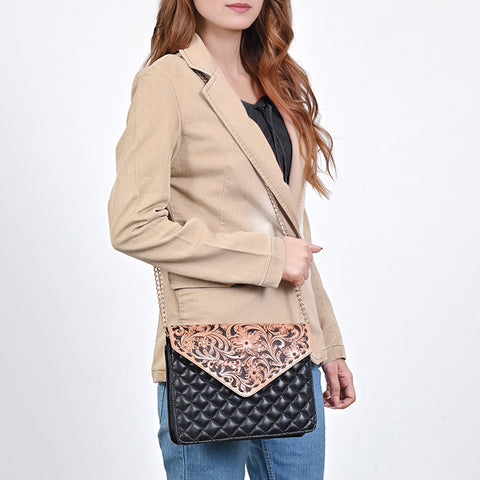American Darling Floral Carved Hand Tooled Quilted Leather Envelope