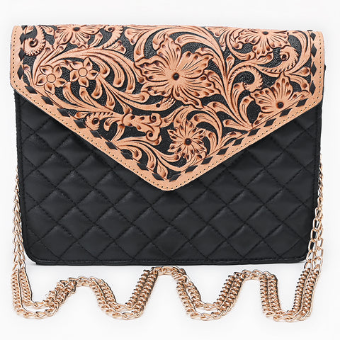 American Darling Floral Carved Hand Tooled Quilted Leather Envelope