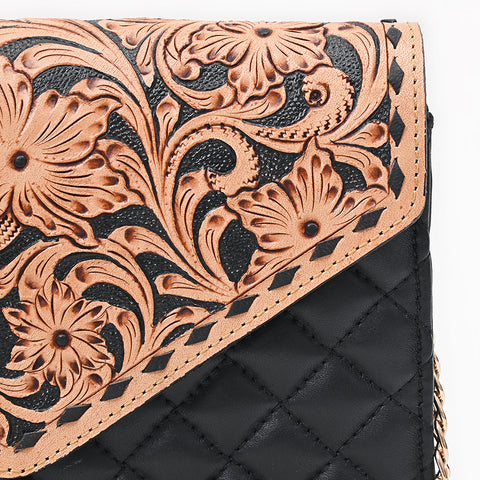 American Darling Floral Carved Hand Tooled Quilted Leather Envelope