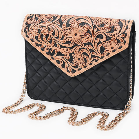 American Darling Floral Carved Hand Tooled Quilted Leather Envelope