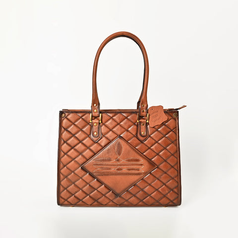 American Darling Handcrafted Quilted Leather Tote Bag with Boot Stitched Accents