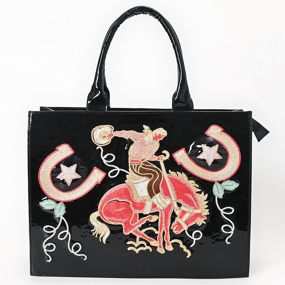 ADBGA842 Black Patent Western Tote Bag - Rodeo Cowboy & Horseshoe Embroidered Design