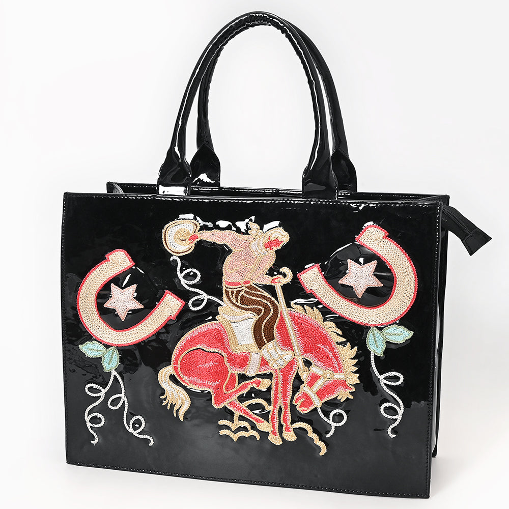 ADBGA842 Black Patent Western Tote Bag - Rodeo Cowboy & Horseshoe Embroidered Design