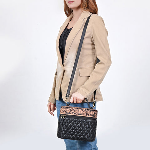 American Darling Hand Tooled Floral Quilted Leather Cross body Bag