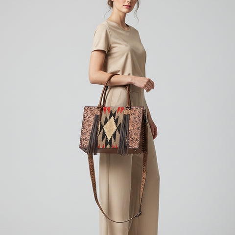 American Darling Hand-Tooled Floral Tote Bag - Woven Saddle Blanket Western Leather Purse