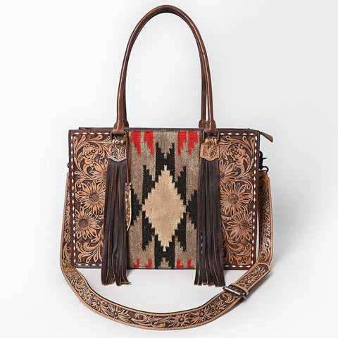 American Darling Hand-Tooled Floral Tote Bag - Woven Saddle Blanket Western Leather Purse