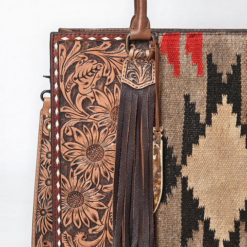 American Darling Hand-Tooled Floral Tote Bag - Woven Saddle Blanket Western Leather Purse
