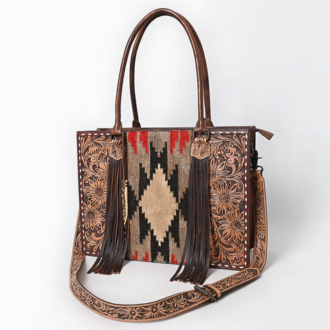 American Darling Hand-Tooled Floral Tote Bag - Woven Saddle Blanket Western Leather Purse