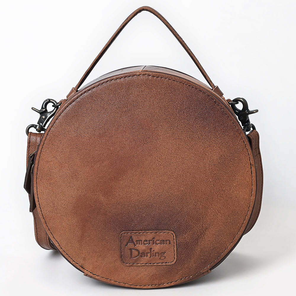 ADBG1785 Round Tooled Leather Canteen Bag with Southwestern Wool Pattern & Top Handle