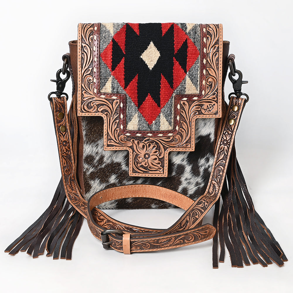 ADBG1786 Southwestern Tooled Leather & Cowhide Crossbody Bag with Fringe and Wool Flap