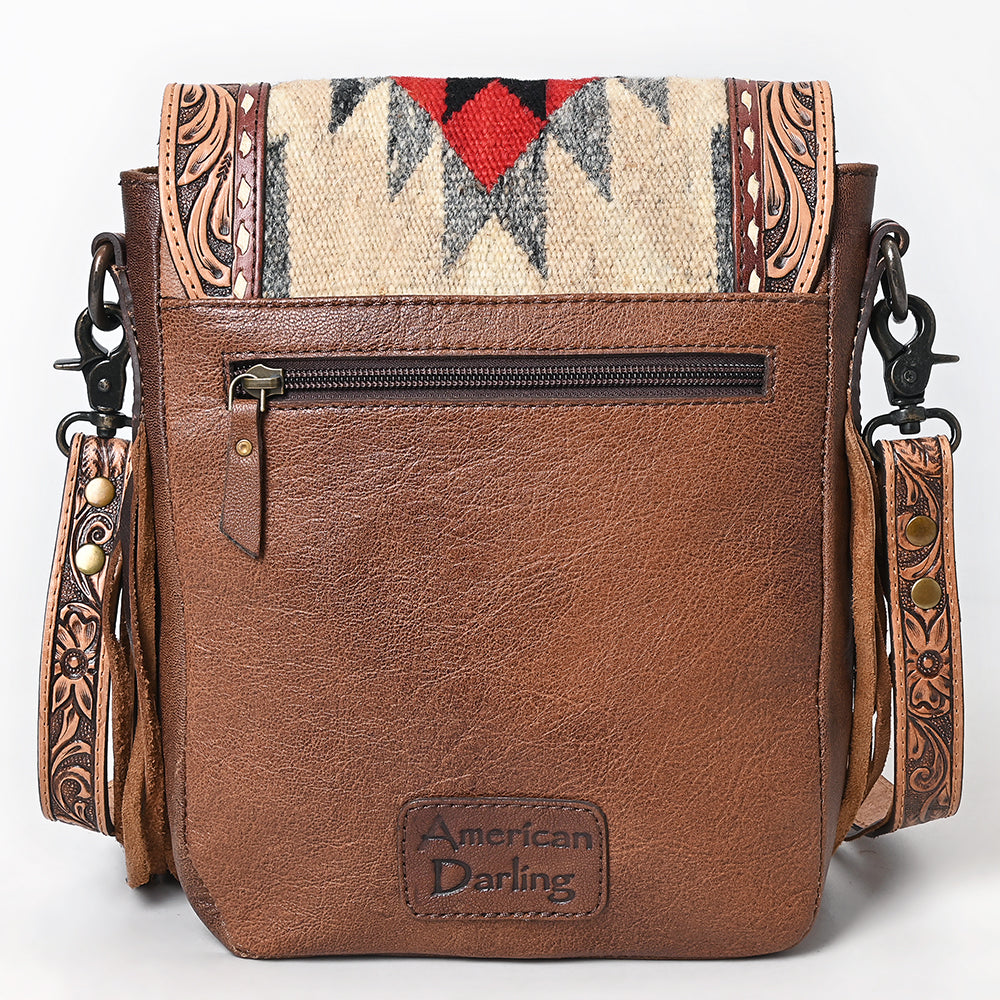 ADBG1786 Southwestern Tooled Leather & Cowhide Crossbody Bag with Fringe and Wool Flap