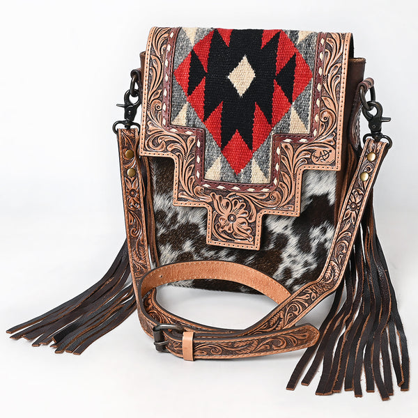 ADBG1786 Southwestern Tooled Leather & Cowhide Crossbody Bag with Fringe and Wool Flap