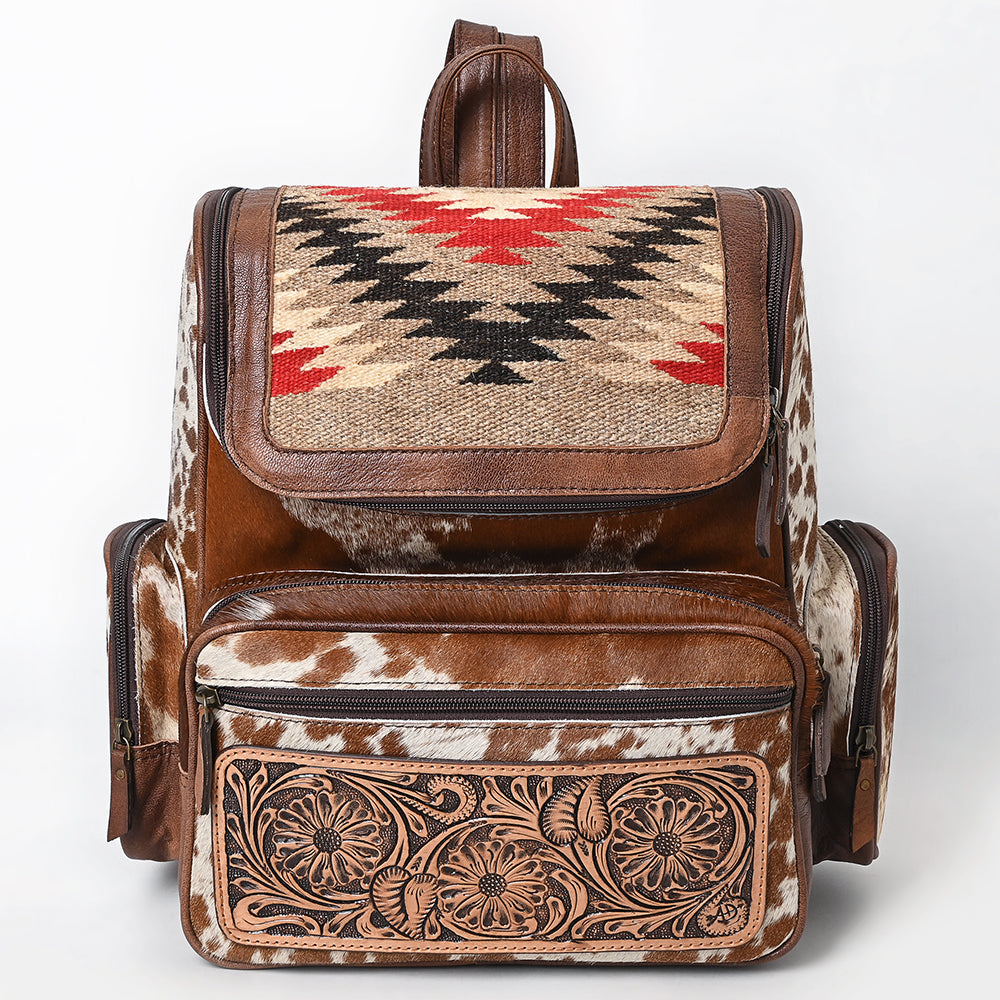 ADBG1787 Southwestern Cowhide Backpack with Tooled Leather & Wool Rug Flap
