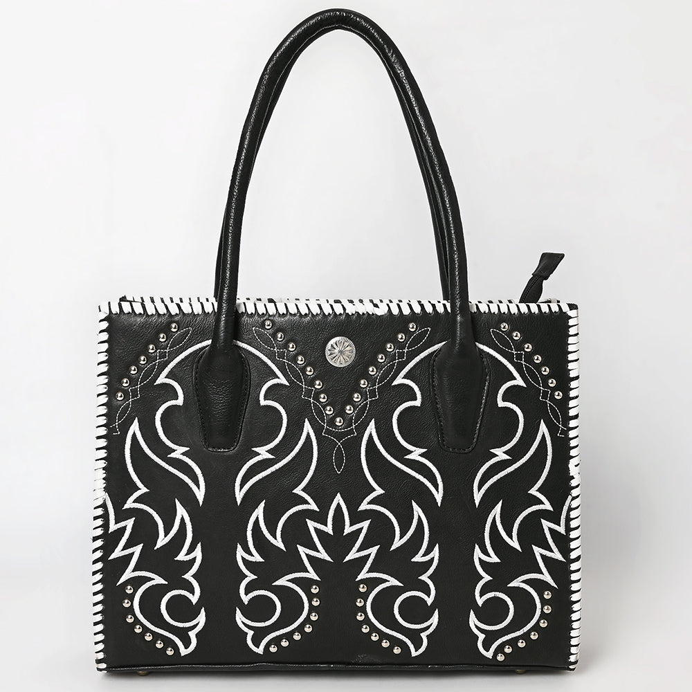 ADBGM761 Western Embroidered Tote - Black Leather Bag with White Stitching, Studs & Concho Accent