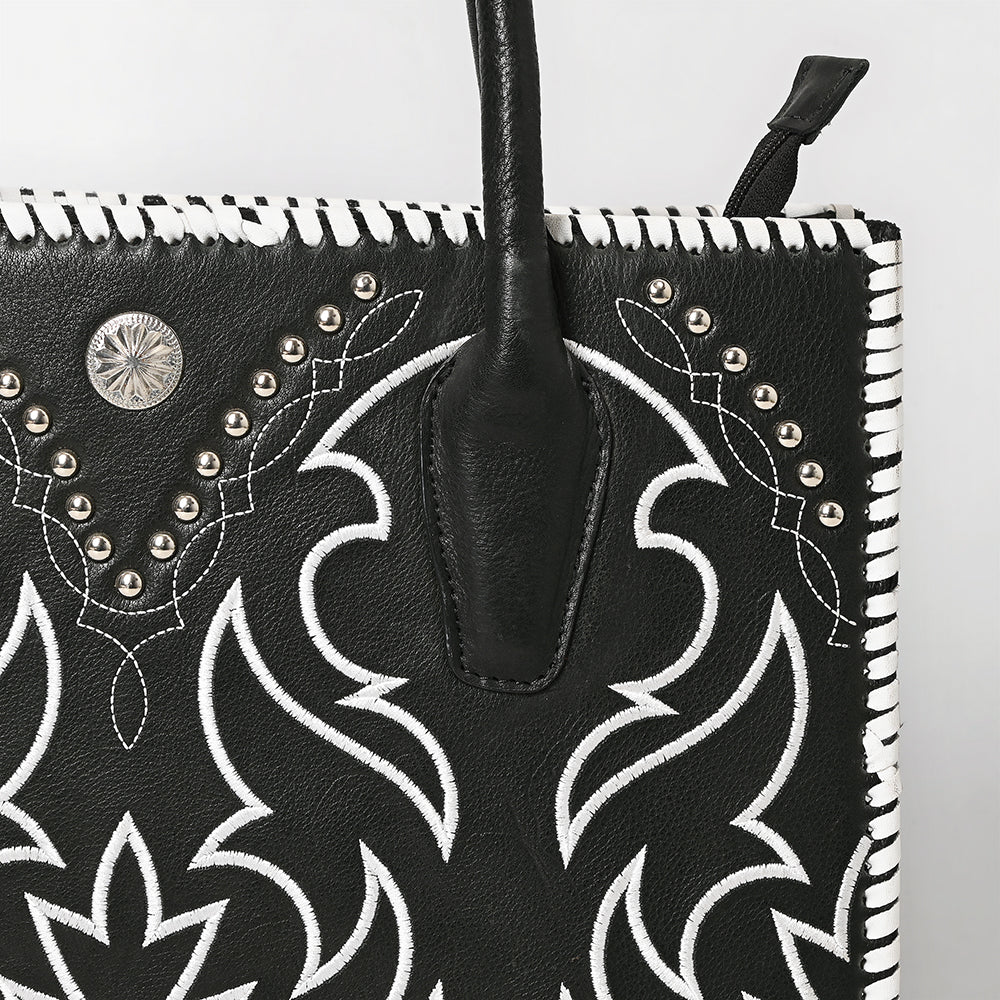 ADBGM761 Western Embroidered Tote - Black Leather Bag with White Stitching, Studs & Concho Accent