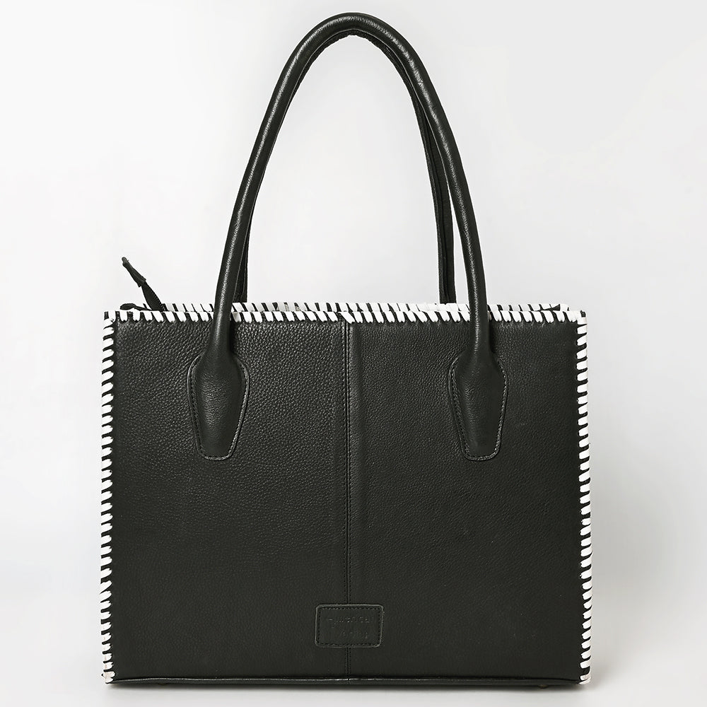 ADBGM761 Western Embroidered Tote - Black Leather Bag with White Stitching, Studs & Concho Accent