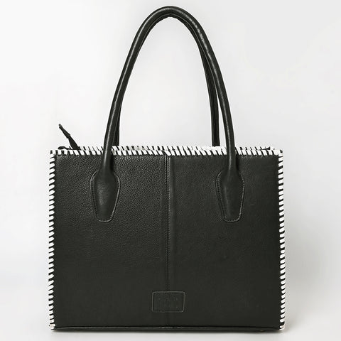 ADBGM761 Western Embroidered Tote - Black Leather Bag with White Stitching, Studs & Concho Accent