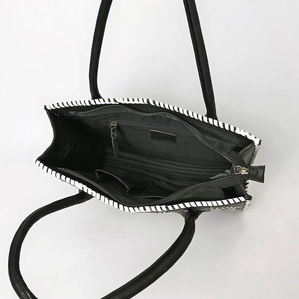ADBGM761 Western Embroidered Tote - Black Leather Bag with White Stitching, Studs & Concho Accent