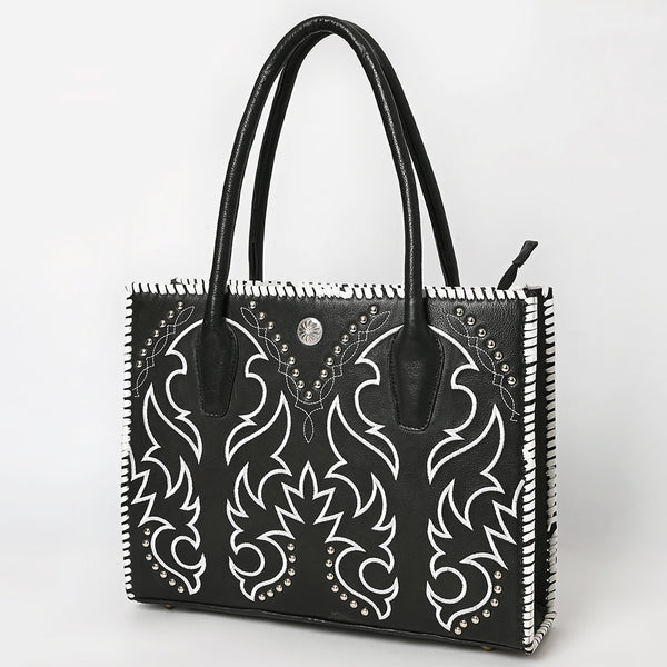 ADBGM761 Western Embroidered Tote - Black Leather Bag with White Stitching, Studs & Concho Accent