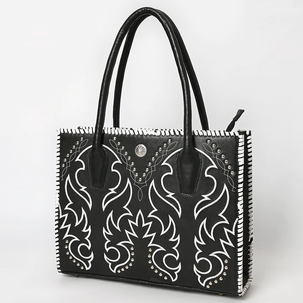 ADBGM761 Western Embroidered Tote - Black Leather Bag with White Stitching, Studs & Concho Accent
