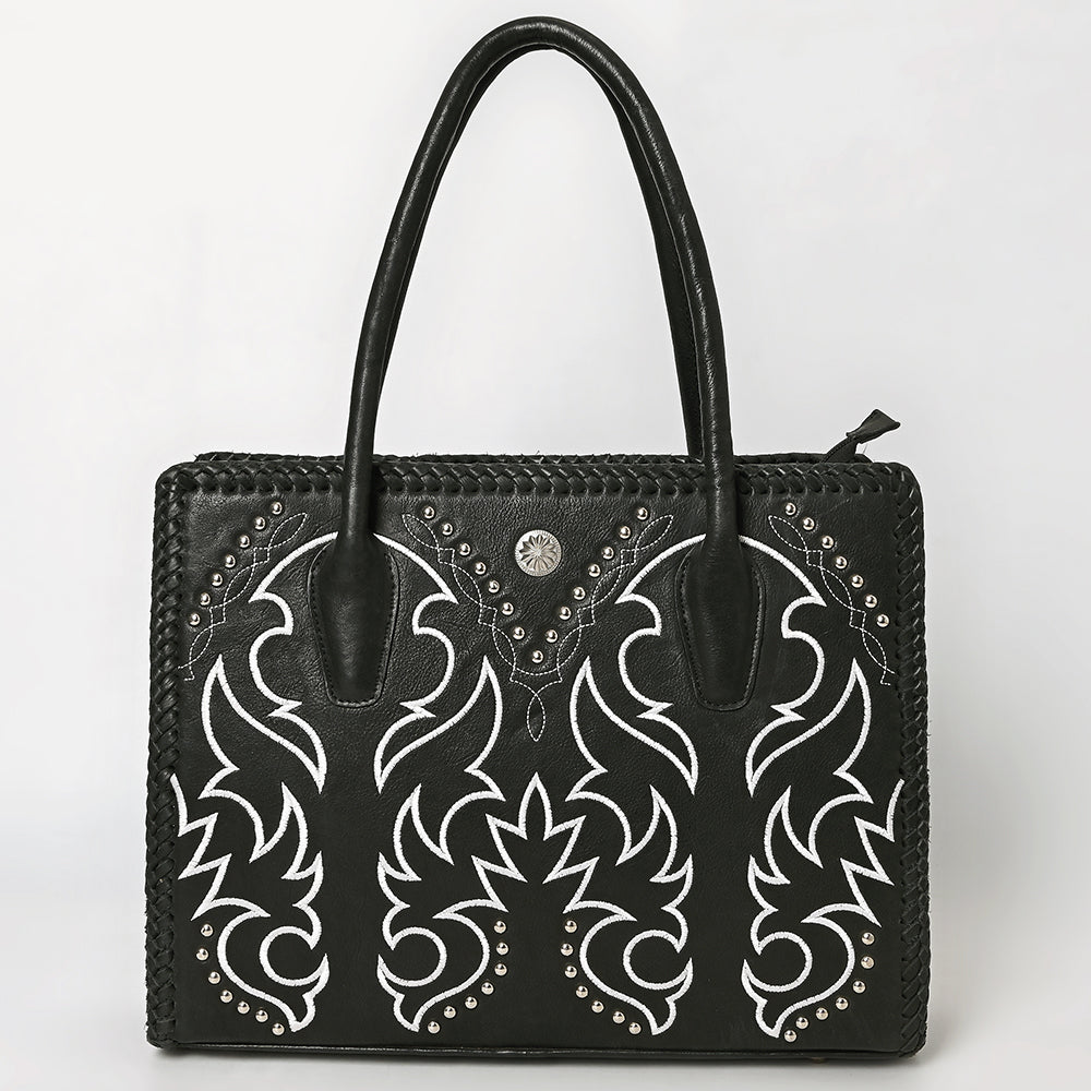 ADBGM762 Western Tote Bag - Black Leather with White Embroidery, Stud Accents & Braided Whipstitch Trim
